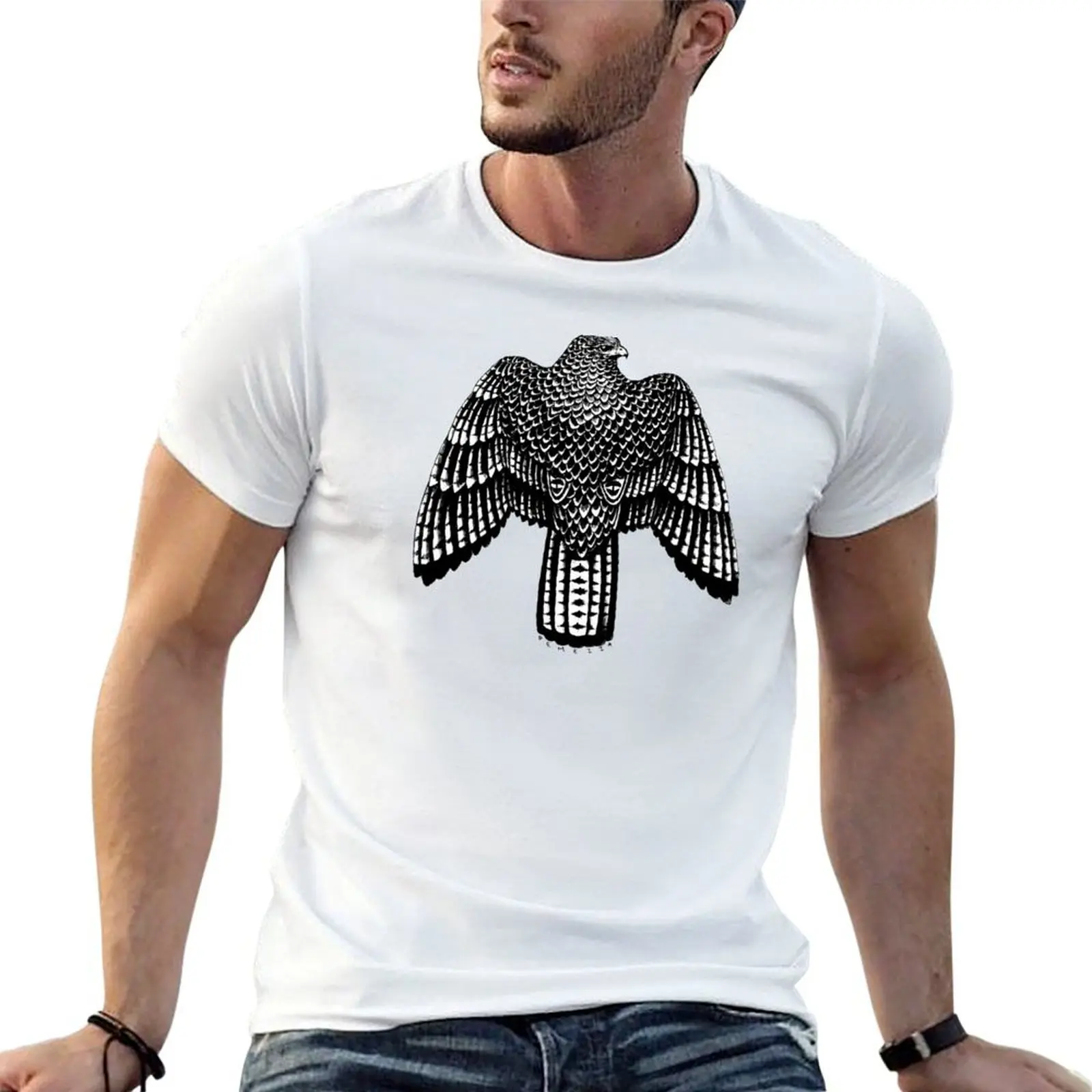 Detailed Hawk Black and White T-Shirt Stretch Fabric Comfort T-Shirt