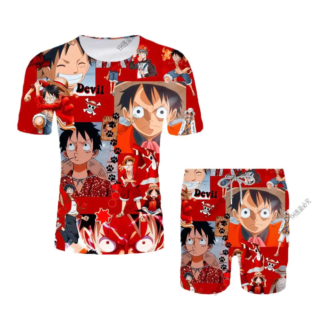 

Adult Men 3D T-shirt Anime Luffy Fashion Summer Top Shorts Breathable One Piece Character Boy Cosplay Set Gift Kids Clothing