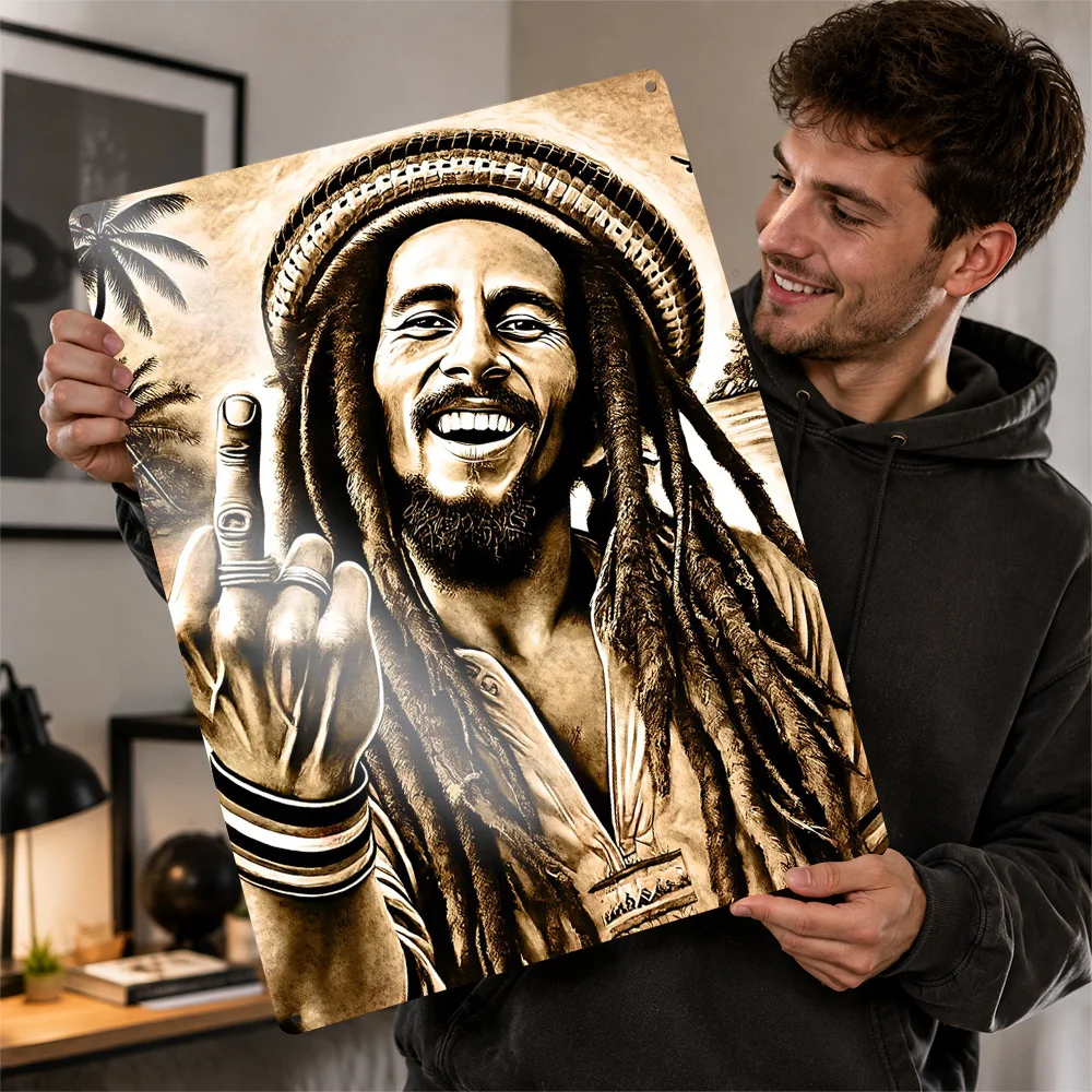Bob Marley Portrait With Middle Finger 3D Texture Printed Poster Custom Vintage Metal Tin Plate Sign for Wall Art Bedroom Stuff