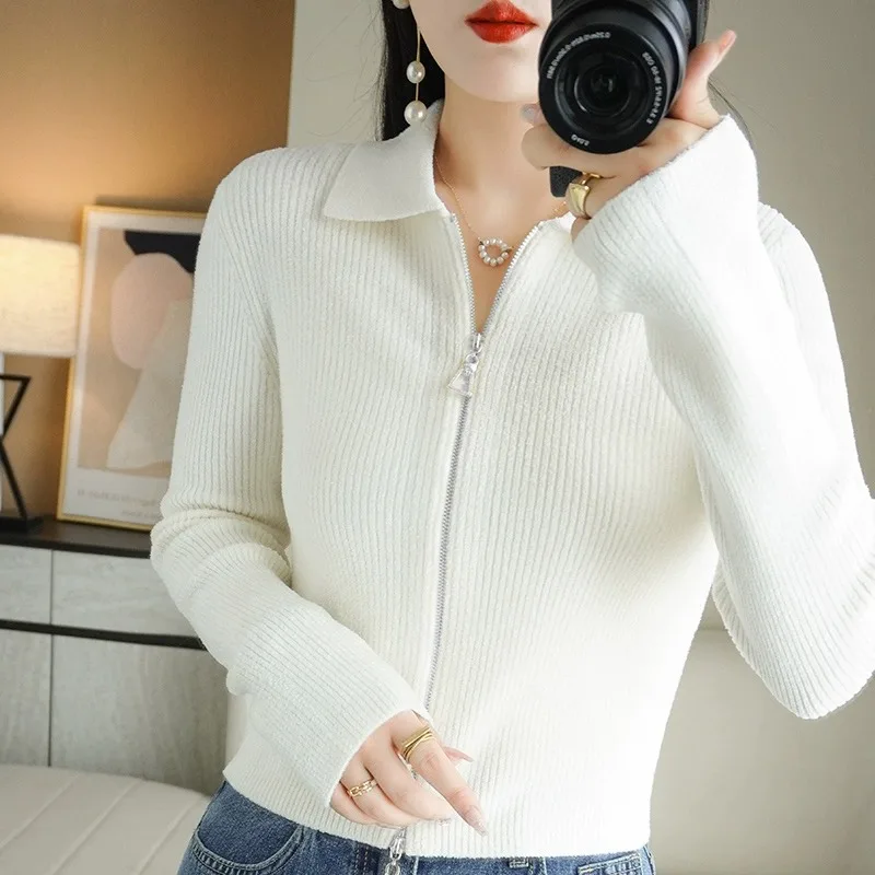 

Slim Fit ort Wool Sweater Outerwear Spring Autumn Winter Women's Faion Korean Sle round Ne Zipper Cardigan
