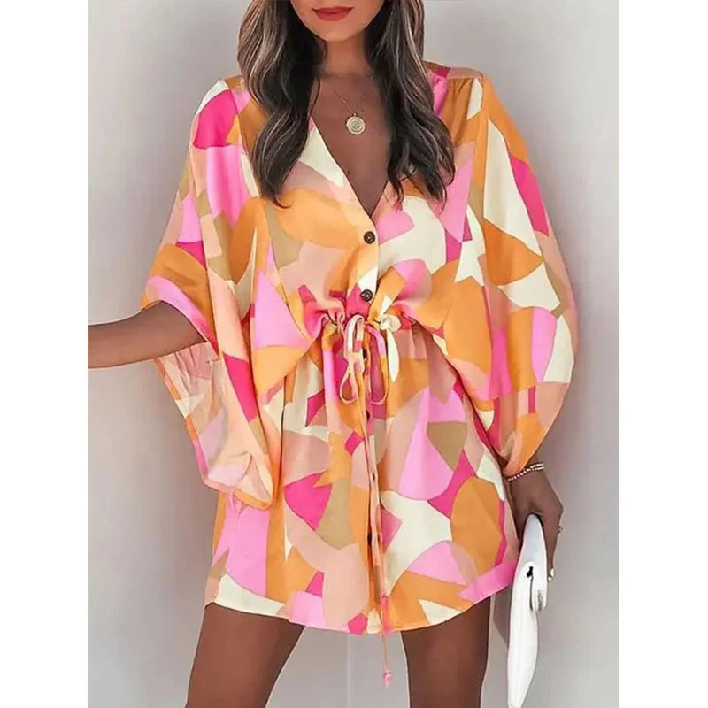 Conjunto de vestido casual feminino, com decote em v estampado, renda, manga de taco, elegante, solto, praia, feriado, vestidos de festa, moda