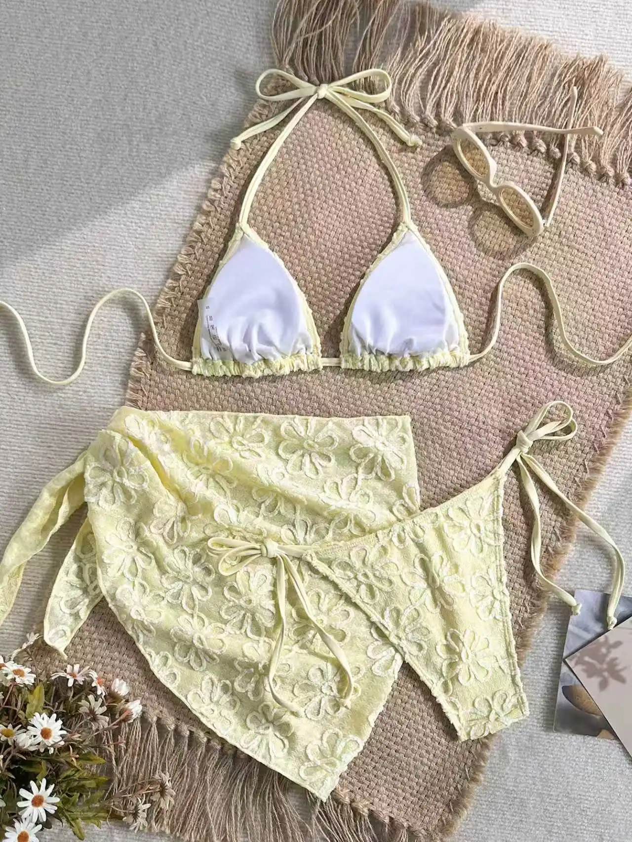 sexy light yellow flower pattern halter tie bikinis sets three pieces mesh cover skirt swimsuits bathing suit swimwear biquini