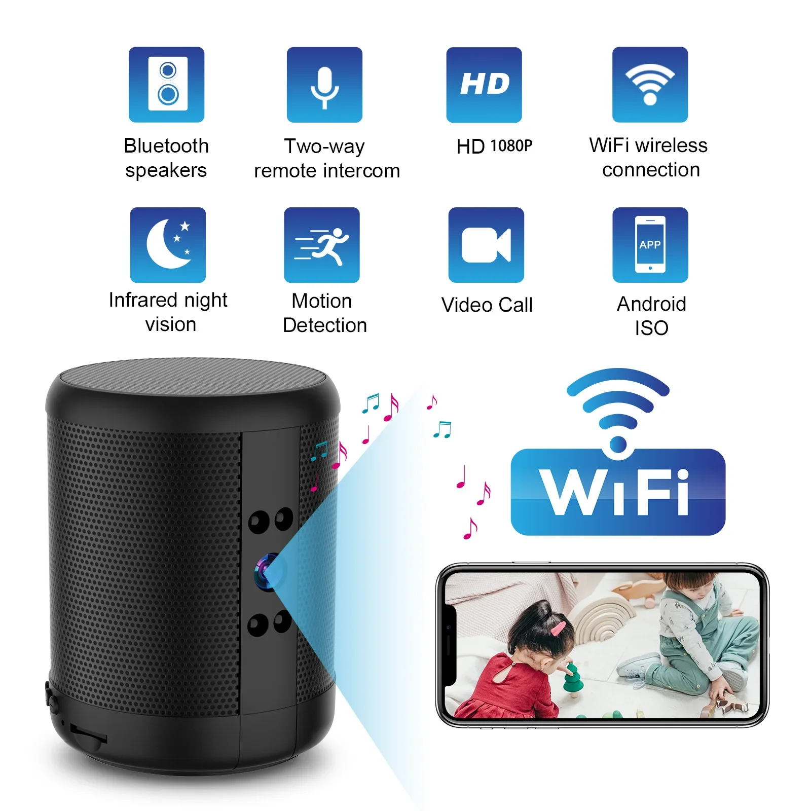WiFi Security Camera Speaker Video Recorder HD Night Vision 140 Degree Wide Angle Lens 2 Way Talk 2K Loop Recording for Office