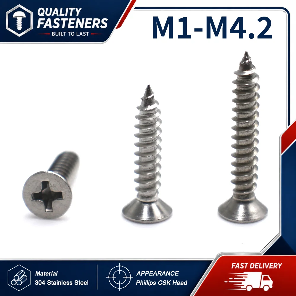 30-100pcs M1-M4.2 304 Stainless Steel Cross Phillips Countersunk Flat Head Self-tapping Screw