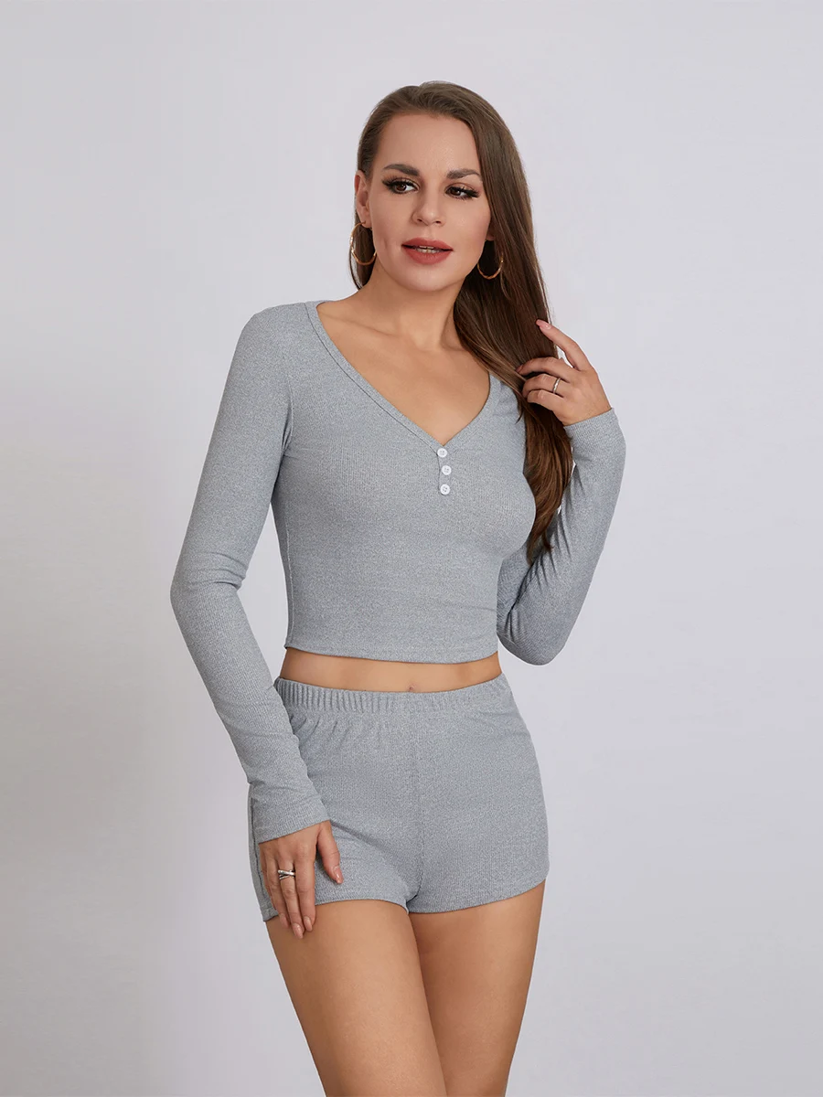 Women’s Two Piece Outfits Set Long Sleeve Button Up V Neck Crop Tops and Shorts Set Loungewear