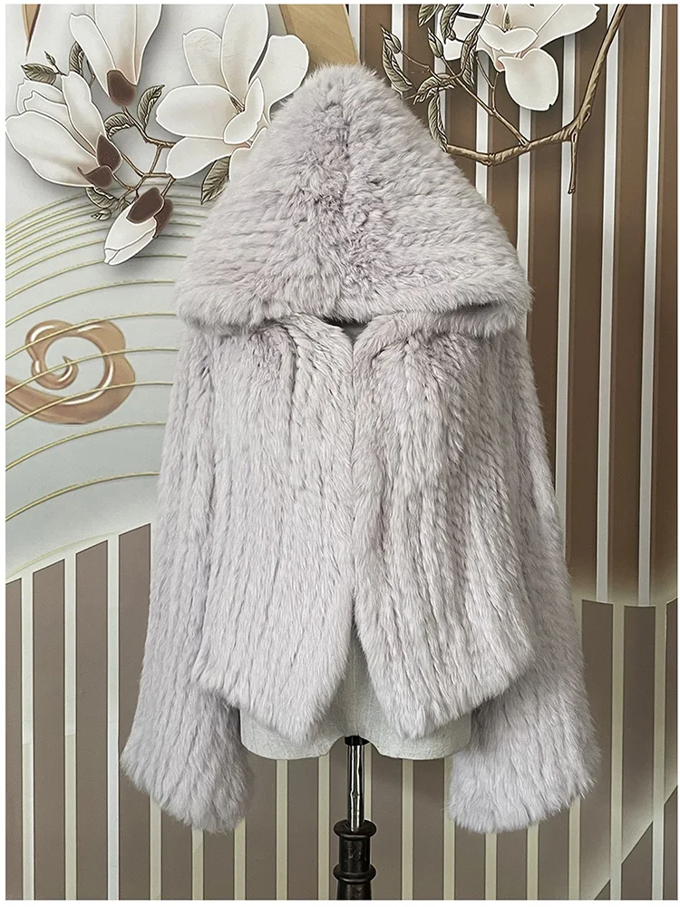 Long Sleeve Casual Loose Knitted Real Rabbit Fur Hooded Coat Women Genuine Natural Rabbit Fur Outwear Female Fur Jacket
