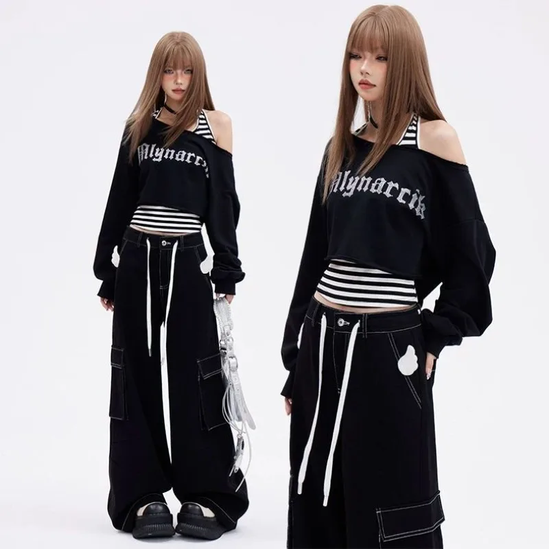 

Deeptown Black Cropped Sweatshirts Women Y2k Off Shoulder 2000s Aesthetic Striped Two Pieces Sets Lace Up Gyaru Streetwear Retro