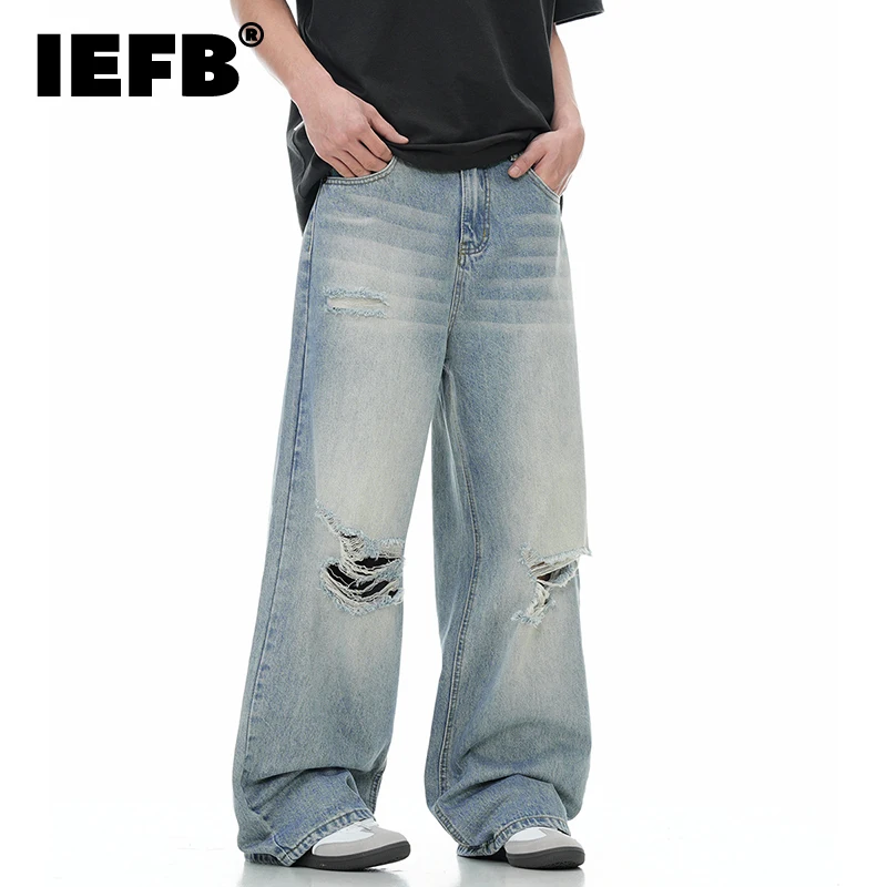 IEFB Hole Men\'s Jeans Wear Male Vintage Denim Pants Adjustable Belt Straight Loose New Fashion Trousers Summer 2024 28W3867