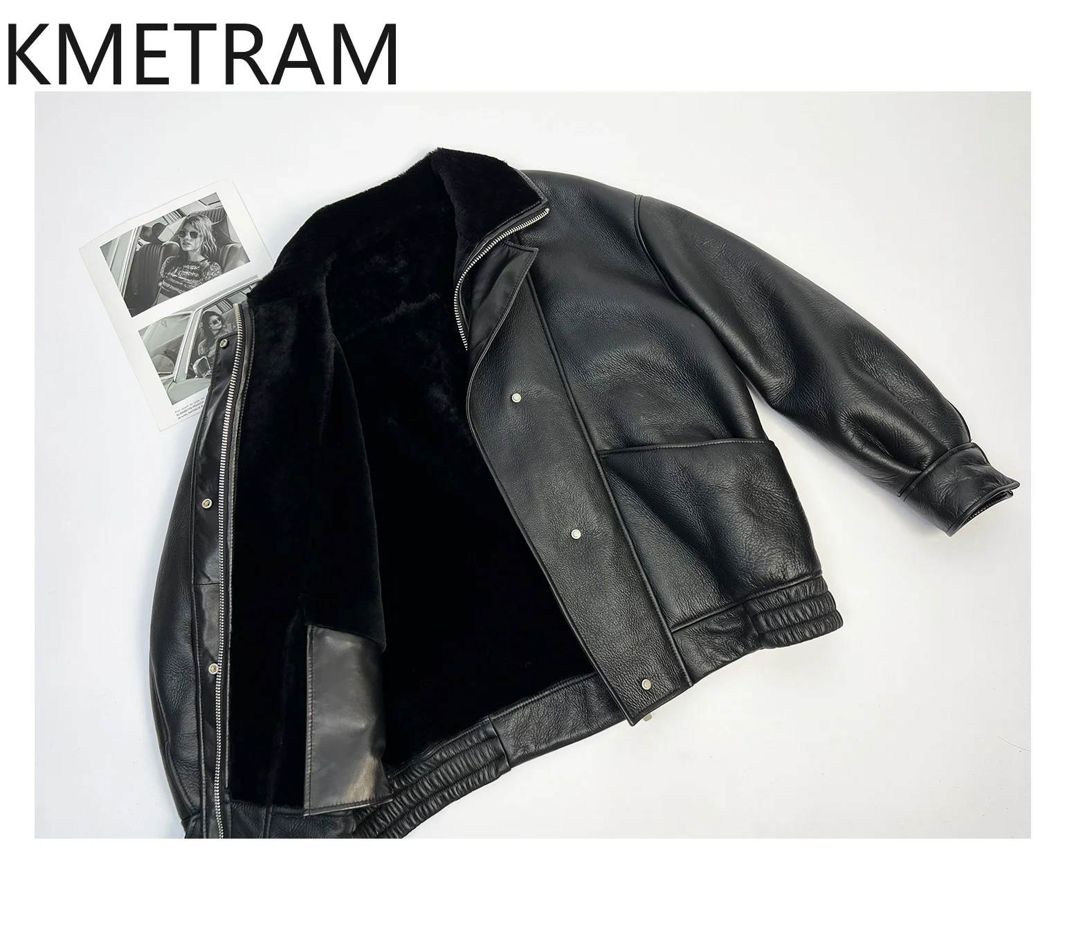 KMETRAM جلد الغنم ميرينو الطبيعي مع معطف مرفق من الصوف الأسود للدراجات النارية سترة من الفرو الحقيقي ملابس نسائية معاطف شتوية نسائية #4