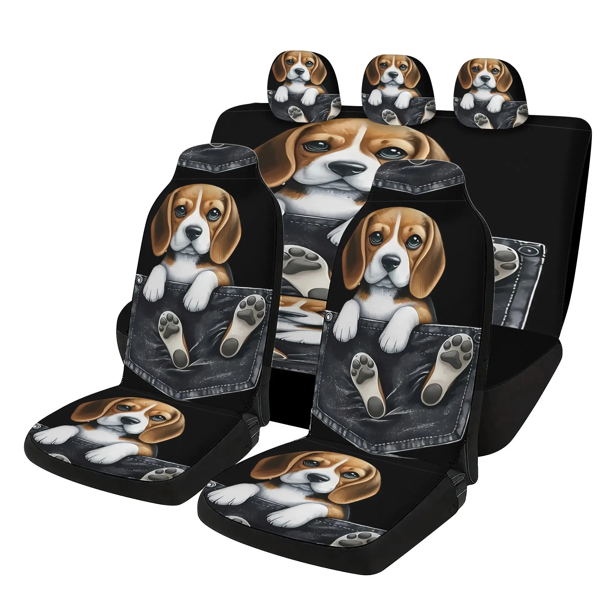 Funda de asiento de coche para cachorro Pocket Beagle, universal para cinco asientos, dos asientos delanteros, tres gorros, un cojín de asiento y respaldo, adecuada para