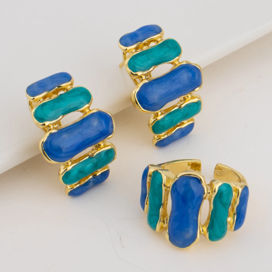 Colorful Women Earrings Ring Congo Africa Trendy Earrings Jewelry Advanced Shine Gold Plated Ring Women\'s Day Wedding Party