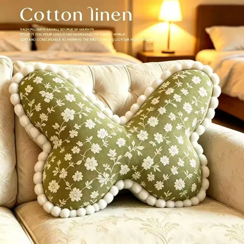 Cotton Linen Butterfly Pillow Cushion Soft Floral Throw Pillow Sofa Bed Headboard Lumbar Backrest Window Seat Home Cushion
