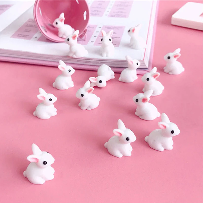 10PCS Cute Mini Resin Bunnies Miniature Figures 3D Little White Rabbit Ornament Micro Landscape Dollhouse Decoration Diy Crafts