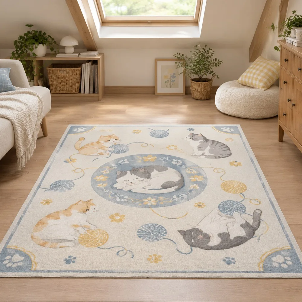 VIKAMA Carpet Rug Off White Cute Cat Yarn Ball Cozy Washable Balcony Front Door Window Seat Coffee Table Home Decoration