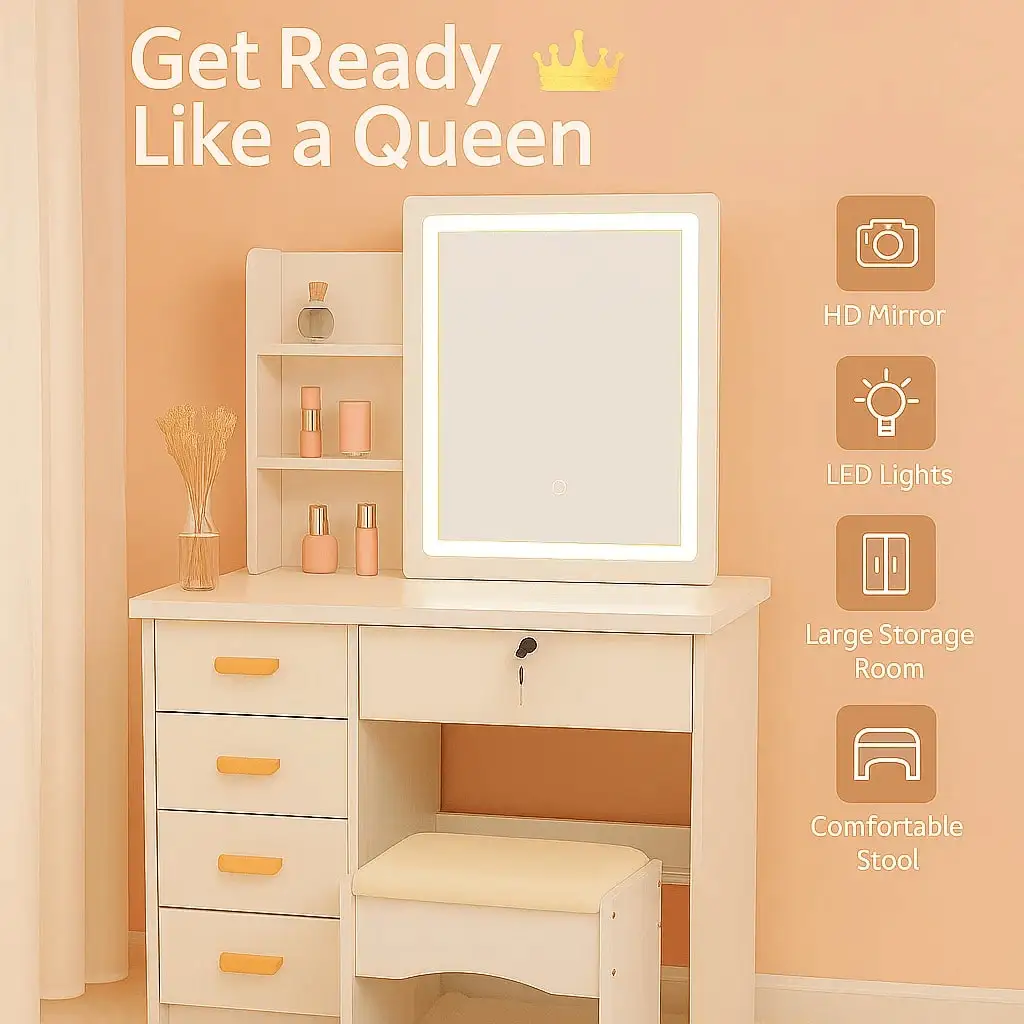 

Ins Style LED Dressing Table With Stool, Dressing Table And Extra Large Storage Space, Bedroom, Internet Famous Dressing Table