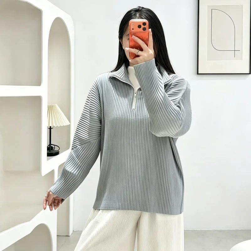 Pleated Half-Zip Collar Long Sleeve Sweatshirt Autumn New Loose Casual Plus Size Simple Fashion Commuter Jacket Women's