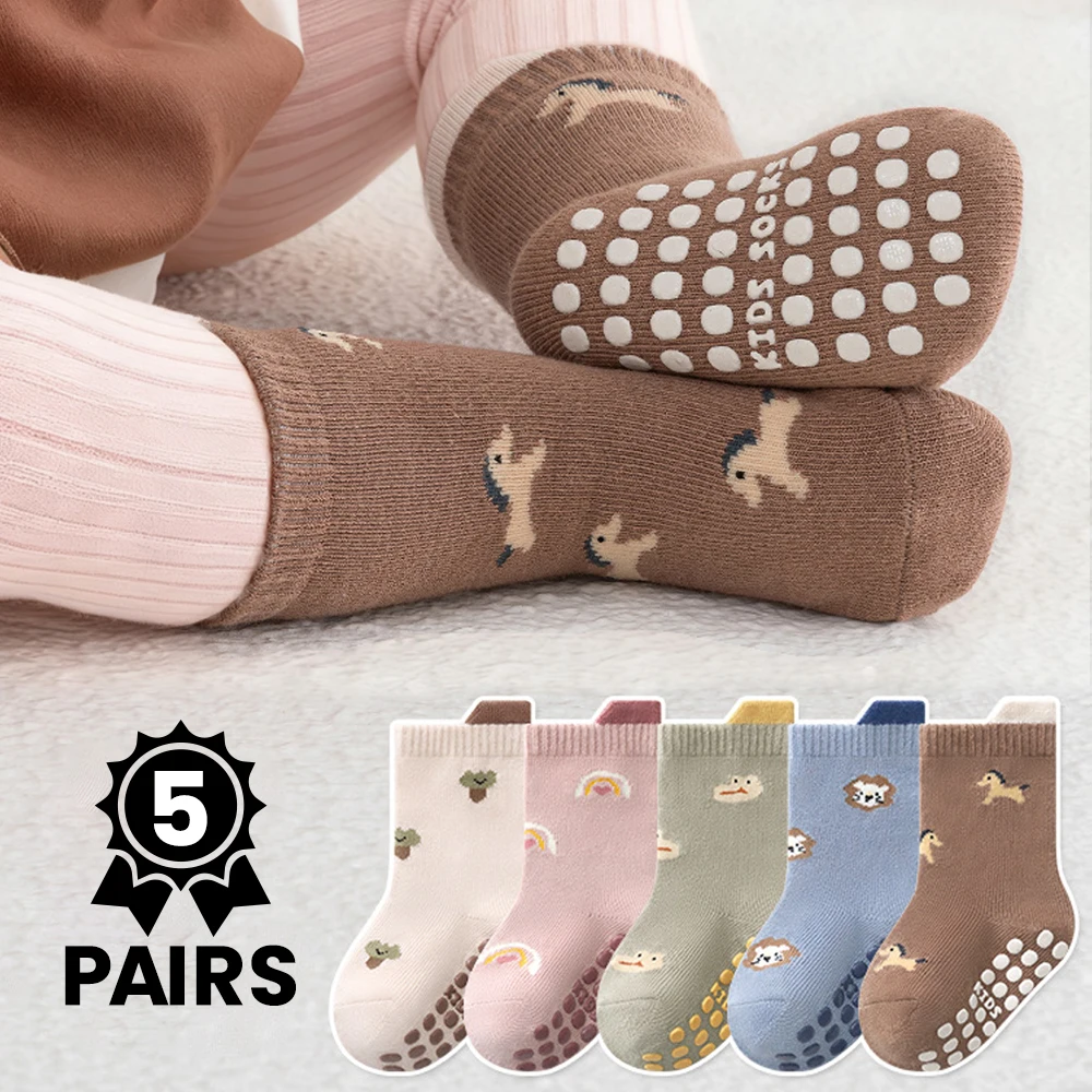 5 Pairs Anti-Slip Baby Socks with Cartoon Animal Patterns, Children's Walking Socks, Trampoline Socks, Floor Socks