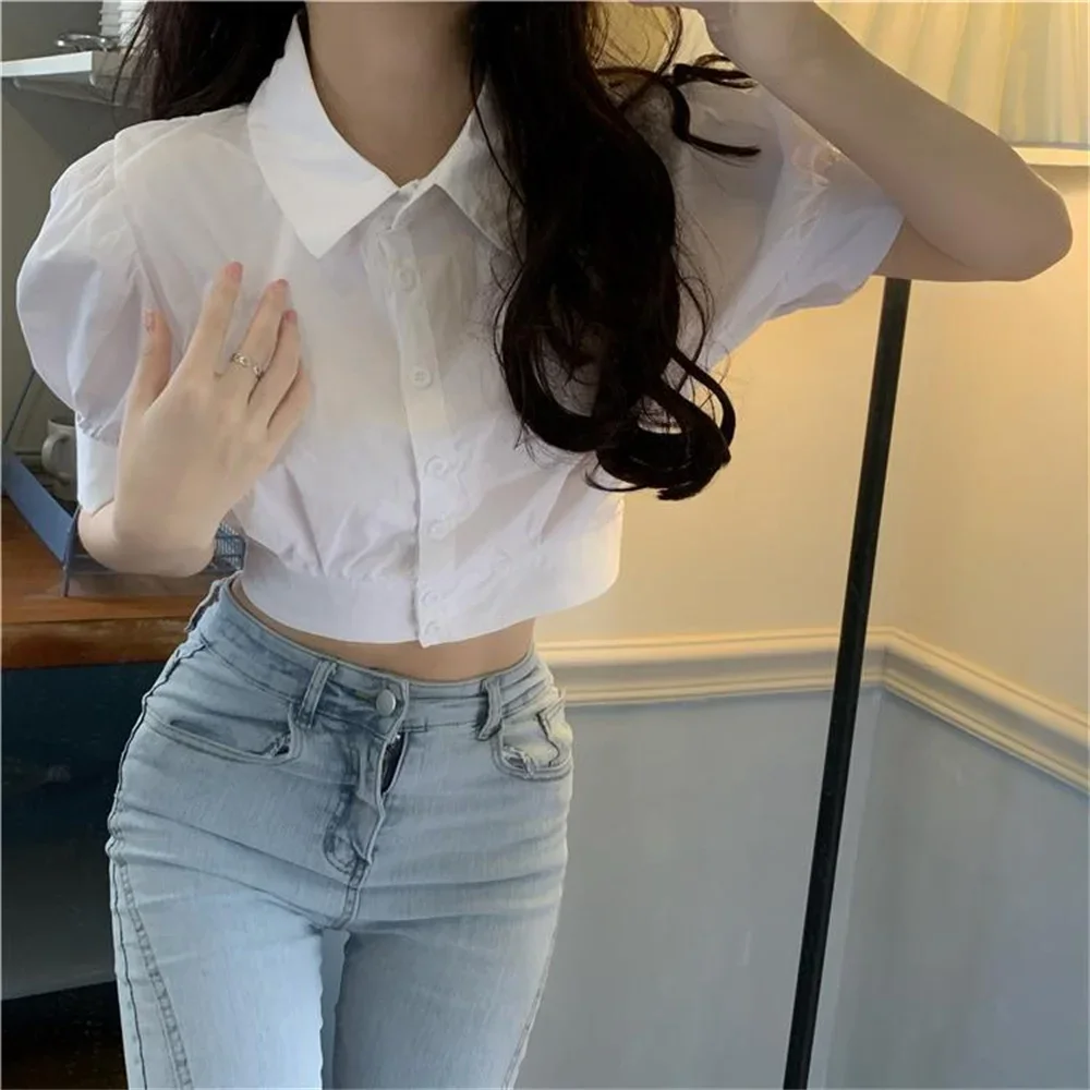 

Women Elegant Girls Turn Down Collar Blouses Clothes Korean Preppy Summer Puff Sleeve White Shirt Cropped Short Sleeve Cute Tops