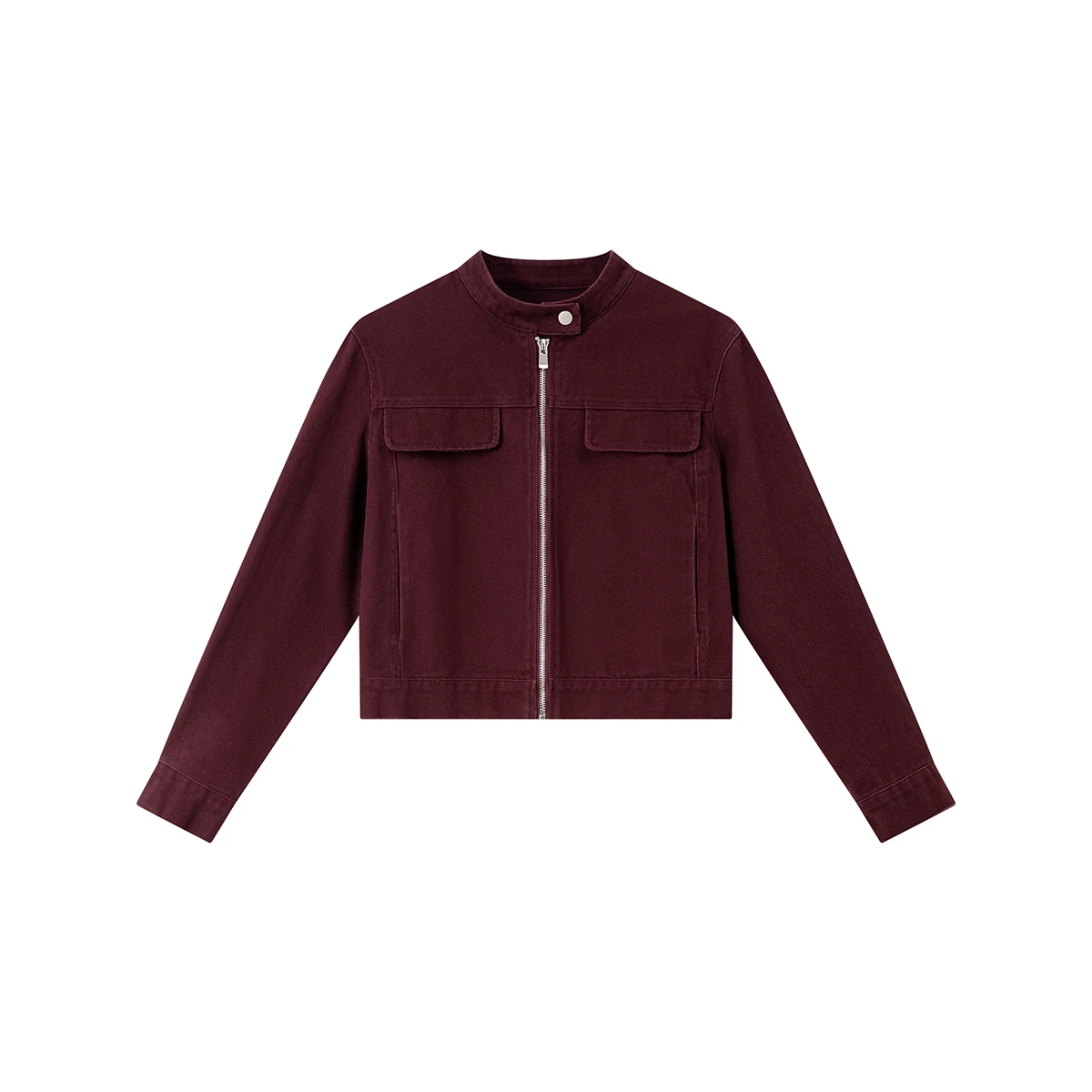 VIMLY Women's Red Denim Jacket Vintage Stand Neck Autumn 2025 Pure Cotton Long Sleeve Zip Up Short Coats Pleated Hem Tops A2568