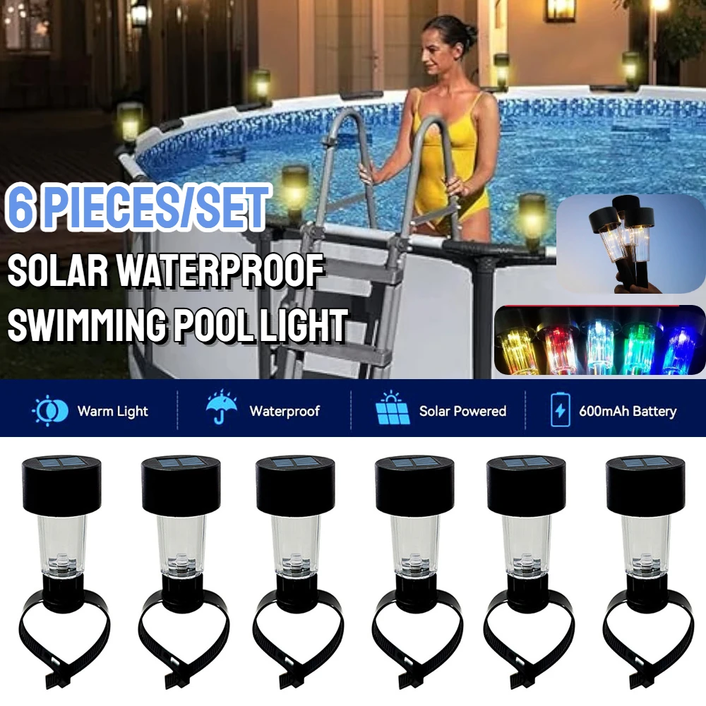 6pcs RGB LED Solar Pool Light Swimming Pool Fence Yard Decor Trampoline Lights Framed Above Ground Waterproof Pools Accessories