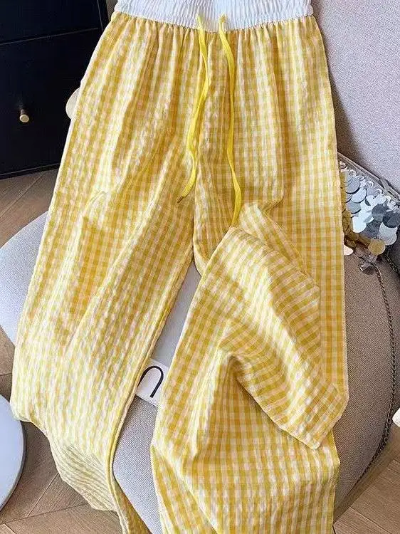 Taille haute Plaid pantalon à jambes larges femmes été nouveau Sle décontracté drapé glace soie pantalon à jambes larges trajet Sle Version coréenne