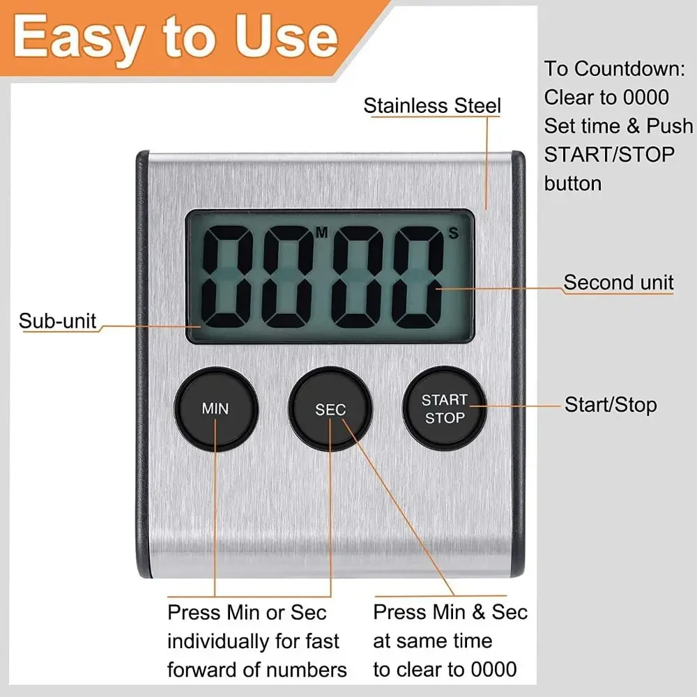Magnetic Digital Kitchen Timer Retractable Stand Loud Alarm Positive Countdown Timer Waterproof Elegant Cooking Timer Exercise