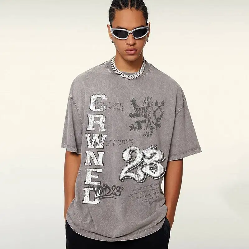 Men's T Vintage Shirt Short Sleeve Letter Print Washed Oversized Fit Streetwear Casual Premium Cotton Pullover Top VVNC