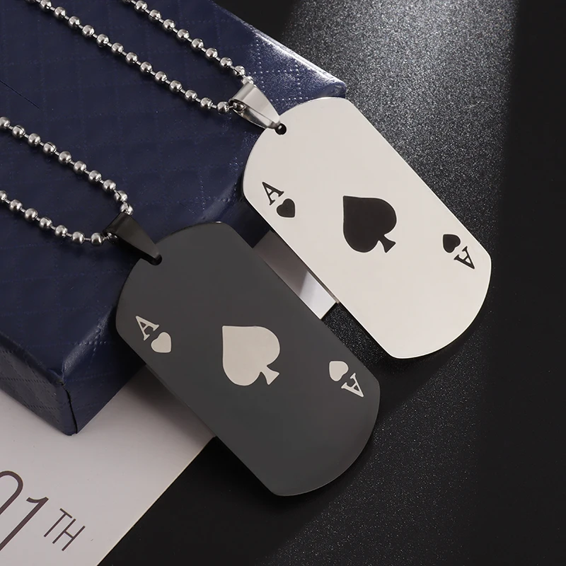 Classic Square Tag Ace of Spades Stainless Steel Pendant Necklace for Men and Women Couples Jewelry