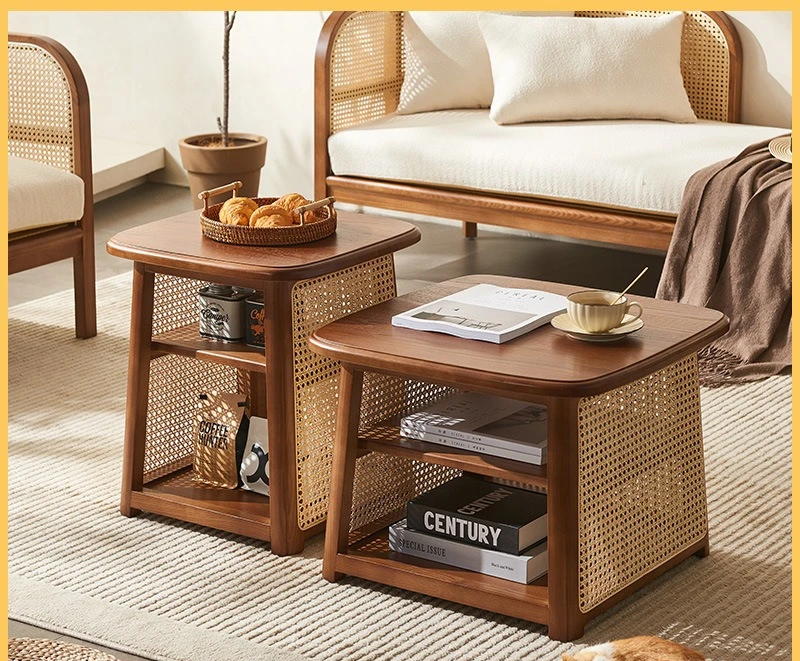 Square coffee table size high and low combination wabi-sabi wind retro solid wood rattan square edge table small low table