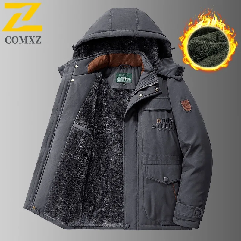 

COMXZ 2025 Мужская толстая водонепроницаемая ветрозащитная куртка на флисовой подкладке, зимнее повседневное хлопковое пальто со съемным капюшоном большого размера