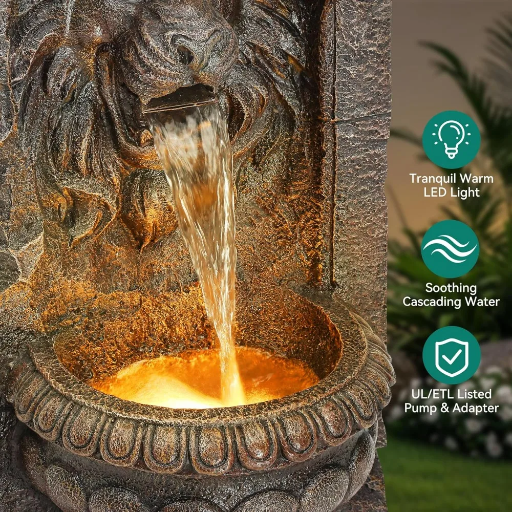 Majestosa fonte de água externa de bronze falso com cabeça de leão de 30 polegadas com design de 2 camadas, luzes LED e recurso de água em cascata calmante