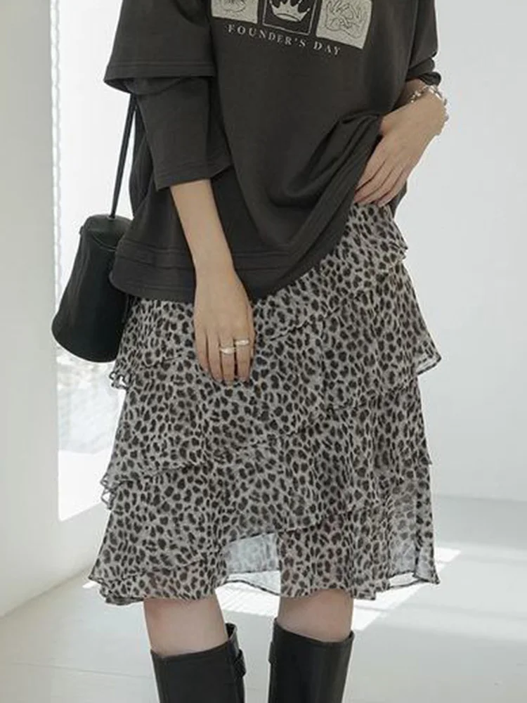 Vintage Irregular Chiffon Ruffles Leopard Skirt Women Streetwear Midi Skirts Casual Spring Summer Female Retro High Waist Skirts