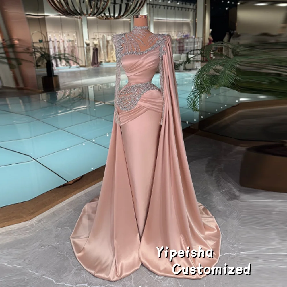 

Customized Glamorous Cape Evening Dress Luxury Long Sleeves Rhinestones Pleat Trumpet Formal Party Gown Vestidos De Fiesta