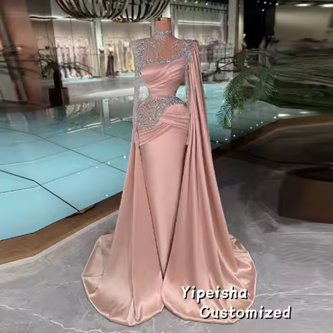 Customized Glamorous Cape Evening Dress Luxury Long Sleeves Rhinestones Pleat Trumpet Formal Party Gown Vestidos De Fiesta