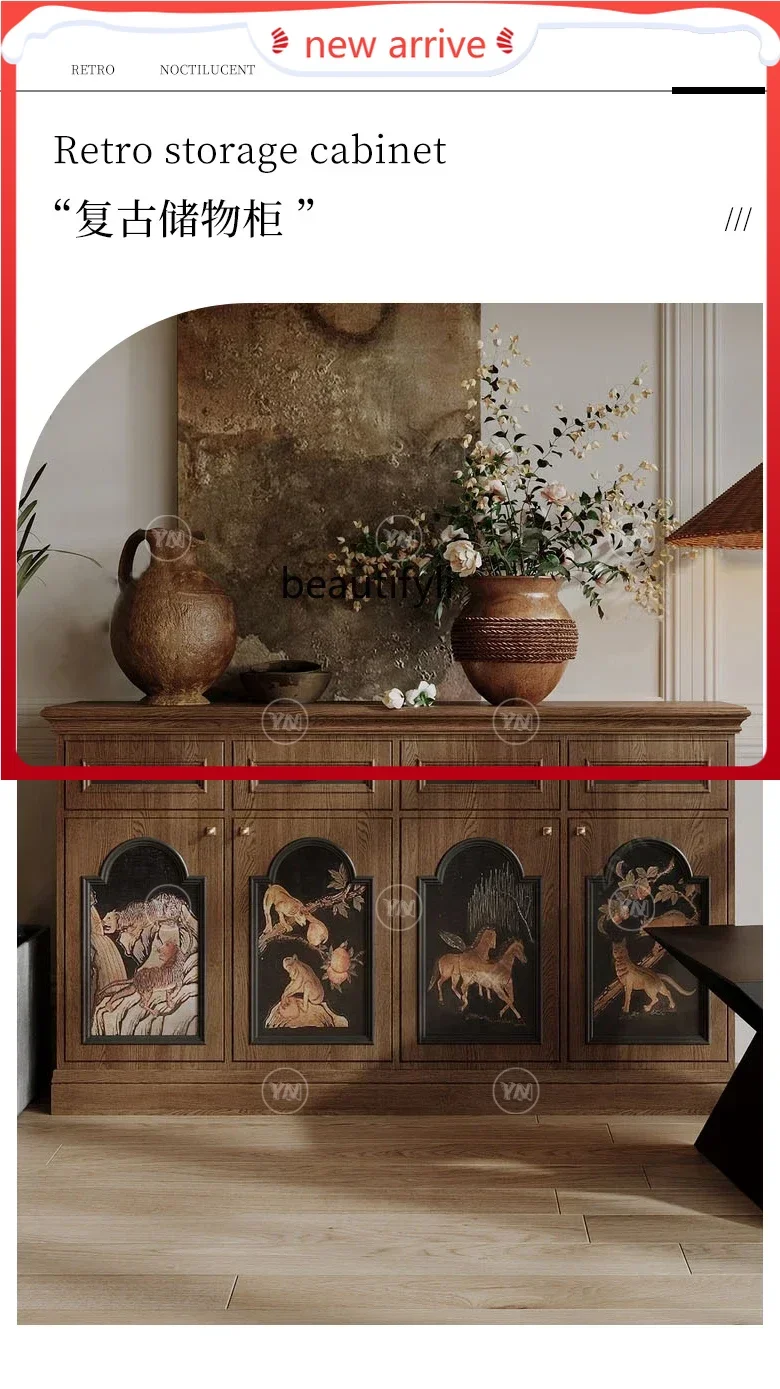 

SS ss7486 Solid wood hand-painted printed bucket cabinet American retro storage cabinet Solid wood storage wall storage cabinet