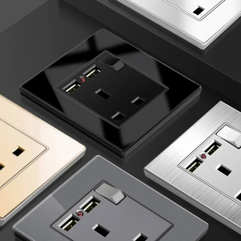 منفذ مزدوج UK 13A 220V مع شحن سريع 18 وات من النوع C، لوحة مفاتيح إضاءة 1/2 طريقة، سطح من الزجاج المقسى، مقبس حائط للتلفزيون/الهاتف #3