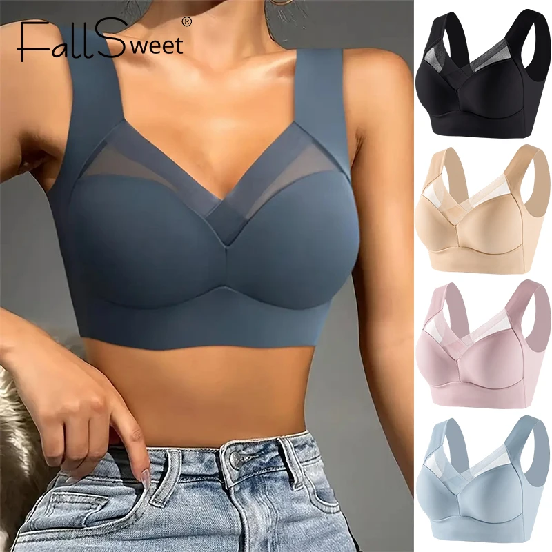 FallSweet Women Sports Bras Full Cup Brassiere Female Sexy V Neck Lace Splicing Bralette Large Wireless Size Soft Lingerie