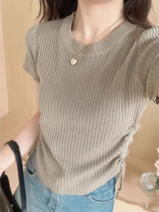 Korean Style round Neck Drawstring Knitted Base Shirt Design Slimming Short Sleeve Overhead Top Comfortable Commute Fashion