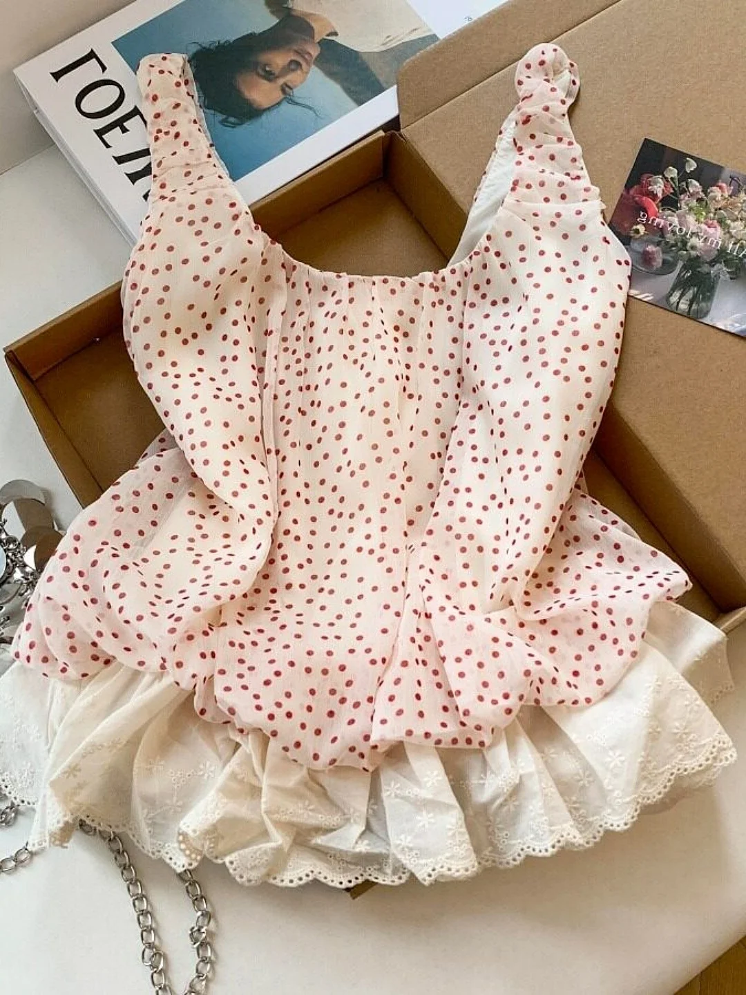 

Sweet Polka Dot Lace Trim Jumpsuit Women's Fashion Summer New Style Slimming Top French Style Loose Fit Bamboo Fiber Polyester