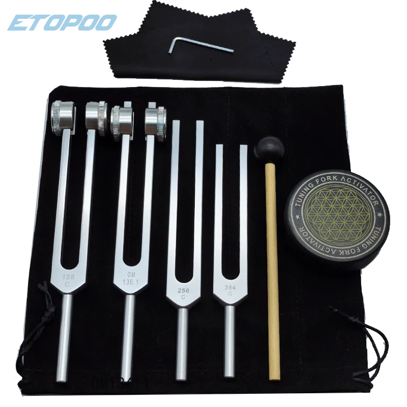 Tuning Forks for Healing Set - 128Hz, 136.1Hz, 256Hz, 384Hz Weighted & Unweighted Tuning Fork Set Includes Hockey Puck Activator