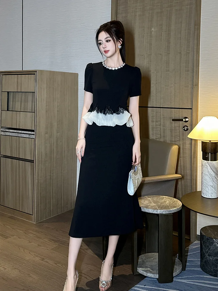 A-Leibniz damska sukienka czarna sztuczna dwuczęściowa sukienka formalna wieczorowa suknia wieczorowa ślubna sukienka na ceremonię ukończenia szkoły 45102