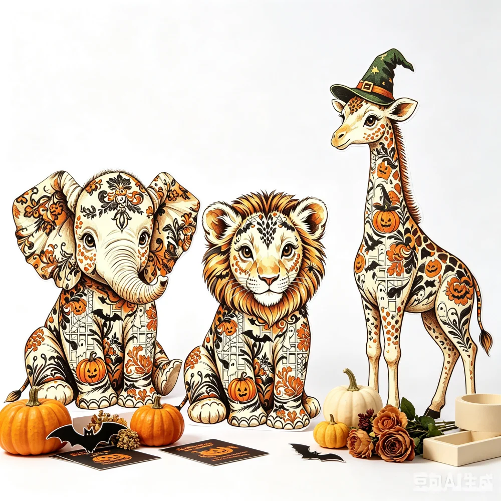 Halloween KT Board Animal Cutouts Vintage Toile Pattern Elephant Lion Giraffe Photo Props Party Background Decor