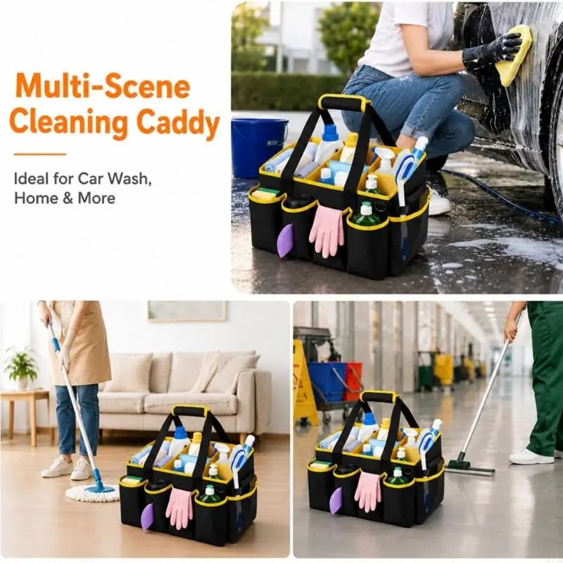 Cleaning Supply Storage Bag with Interior Separators, Exterior Pockets, and Carry Handles for Household or Office Cleaning M4YD