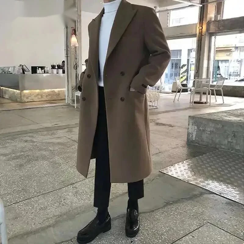 Korean New Chic Men's Woolen Coat Solid Color Male Overcoat Double Breasted Men Clothing Winter Spring Lapel Trench 9D8RZ1
