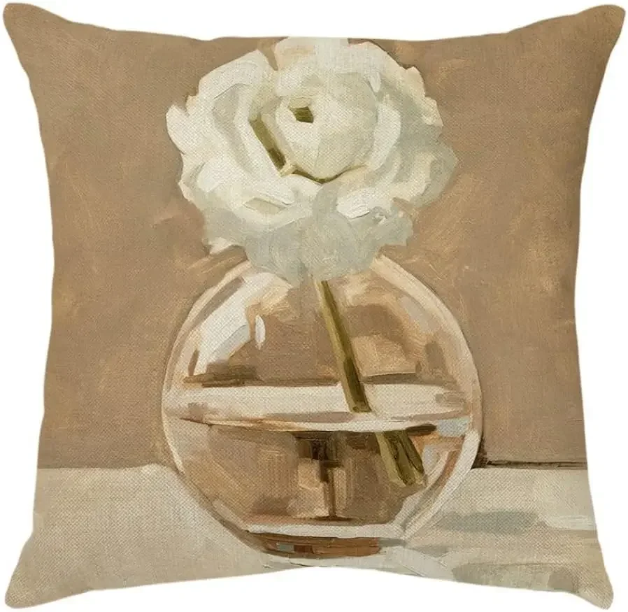 Vase Decoration Pillow Cover White Flowers Print Linen Pillowcase Square Seat Cover Home Sofa Farmhouse Cover