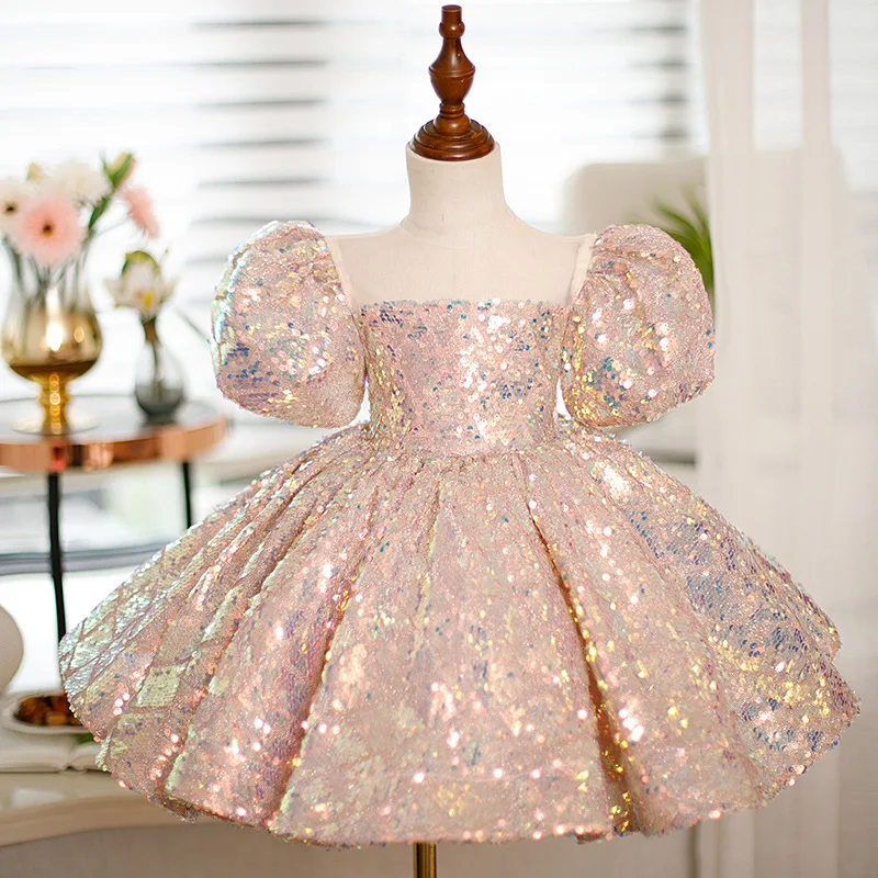 Girls Light Luxury Sequin Patchwork Design Princess Ball Gown Children Birthday Evening Party Piano Performance Dress y1009