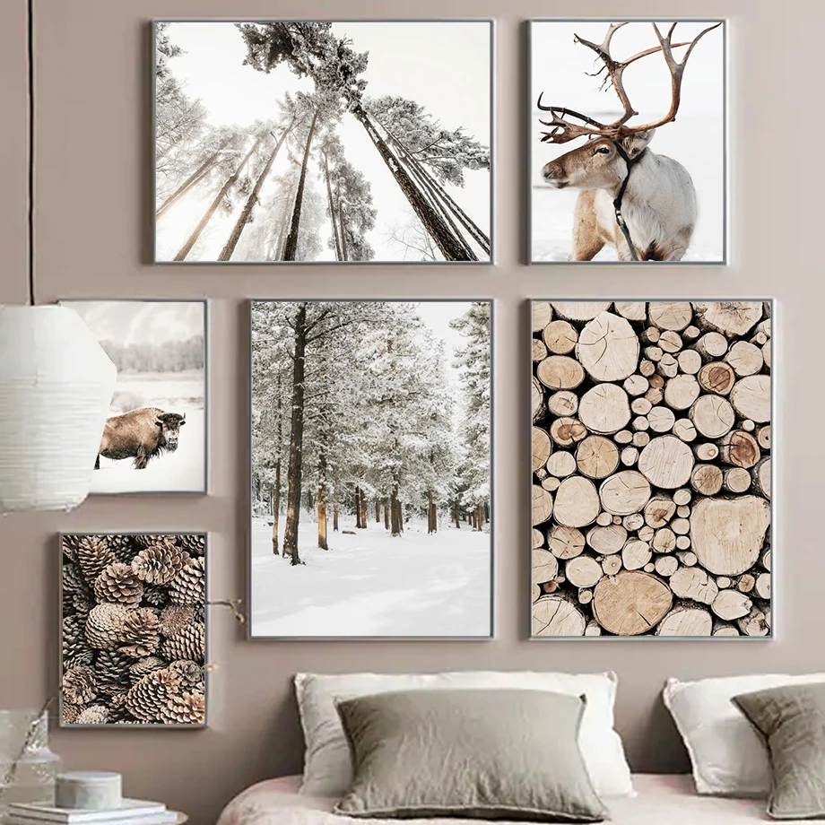 Cuadro de paisaje de invierno, pintura en lienzo, arte de pared, ciervo, animal, madera, pino, bosque, póster e impresión para