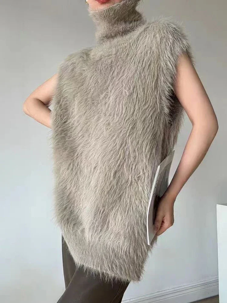 

Fmxires Women's Fleece Vest Fashion High-Neck Loose Casual Fleece Patchwork Sleeveless Vests Elegant Commuter Female Knitwear