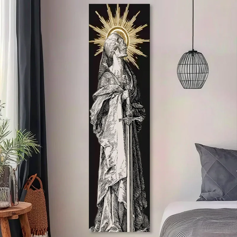VIKAMA Valkyrie Skeleton Tapestry Gilded - Saint Sword Wall Hanging, Dark Fantasy Art, Gothic Girl Room Decor, Mythology Cloth