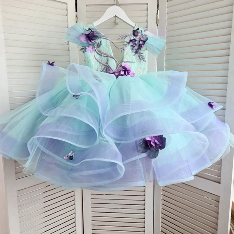 

Very Puffy Organza Tutu Pageant Dresses For Kids Pretty Flowers Ruffles Short Communion Gowns Cute Mesh Baby Christmas Dress